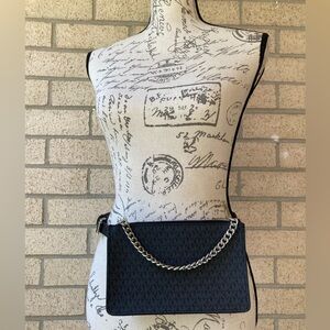 Michael Kors Black Logo Print Belt Bag Fanny Pack With Silver Pull Chain Small